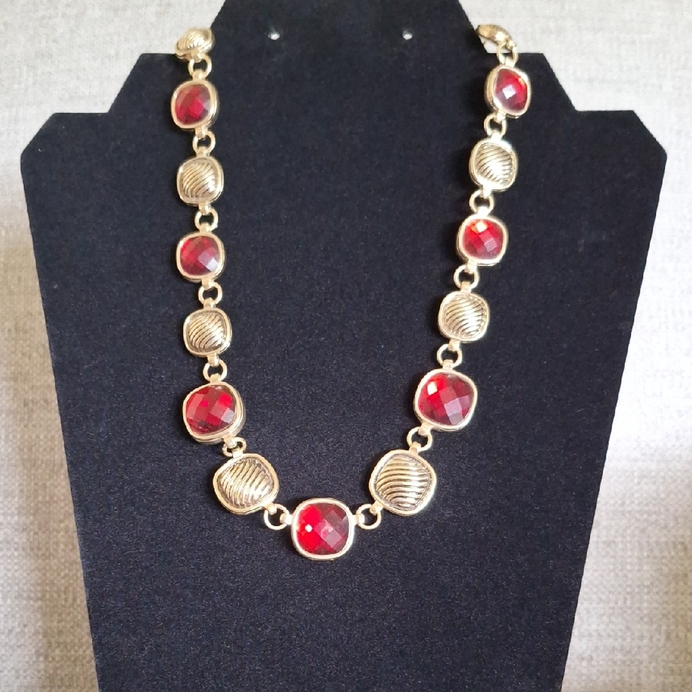 Napier Ruby Red Crystal Rhinestone And Ribbed Square Gold Plated Necklace